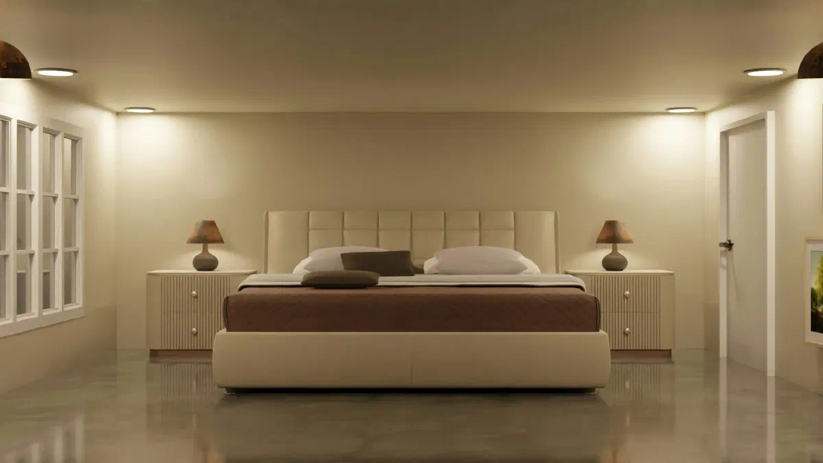 Bedroom with multiple light sources, including ceiling lamps and table lamps, demonstrating a well-lit space.