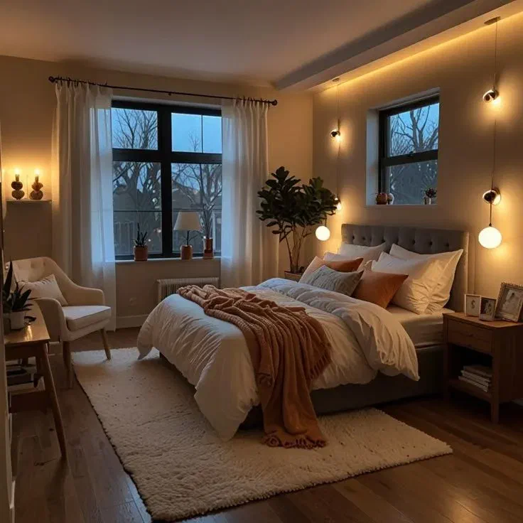 Lighting ideas for a medium bedroom, showing how to use multiple light sources to create a warm and inviting atmosphere.