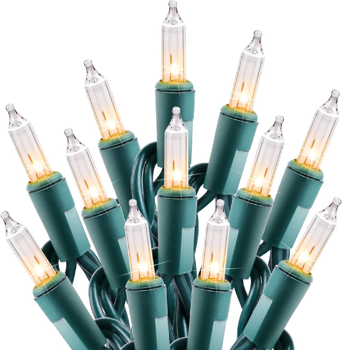 Clear warm white mini Christmas lights on green wire, bulbs illuminated in a tight cluster