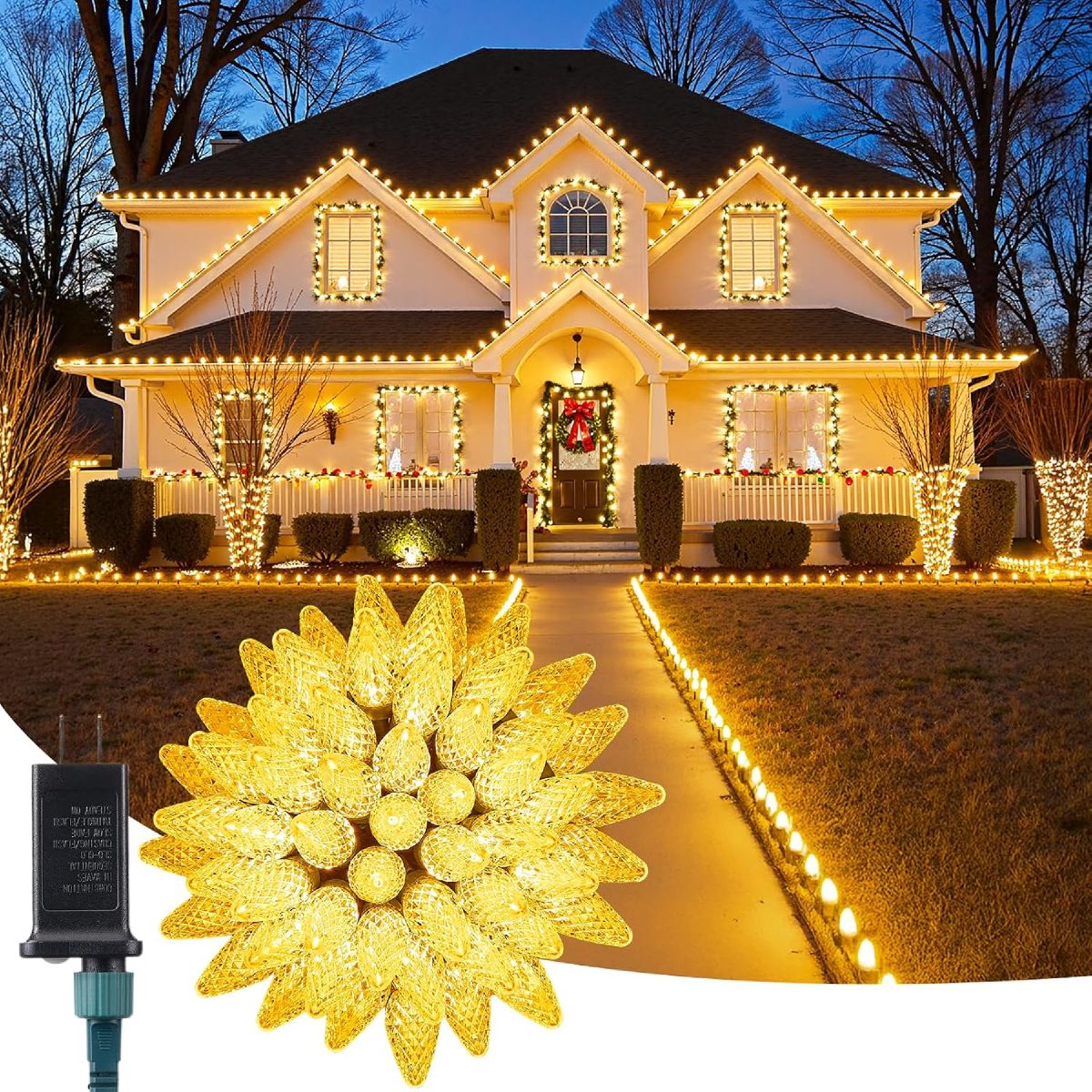 Large C9 bulb Christmas lights outlining a house roofline and gutters at dusk, with a close-up of the connector and starburst bulb cluster