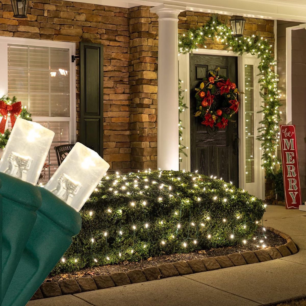 Warm white net lights draped over a hedge beside a decorated front porch, with the individual net strand and bulb detail shown