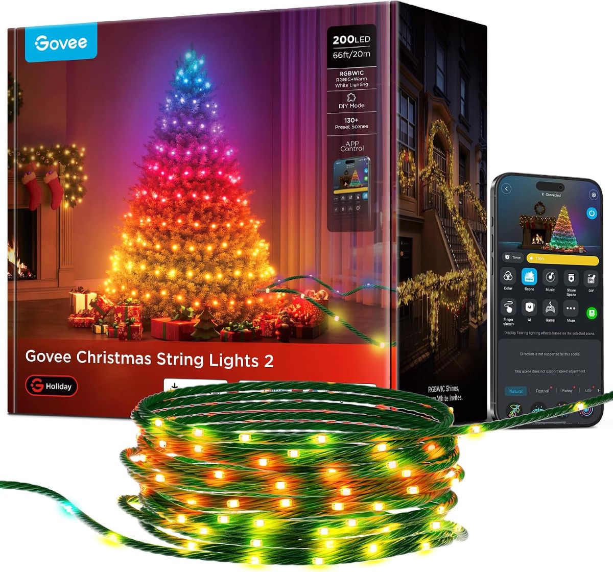 Govee Christmas Lights 2 retail box showing a color-changing Christmas tree, with the coiled RGBWIC light strand and phone app control screen