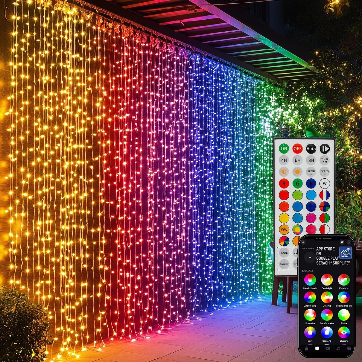 Rainbow-colored RGB curtain lights glowing across a pergola at night, with the remote control and phone app shown