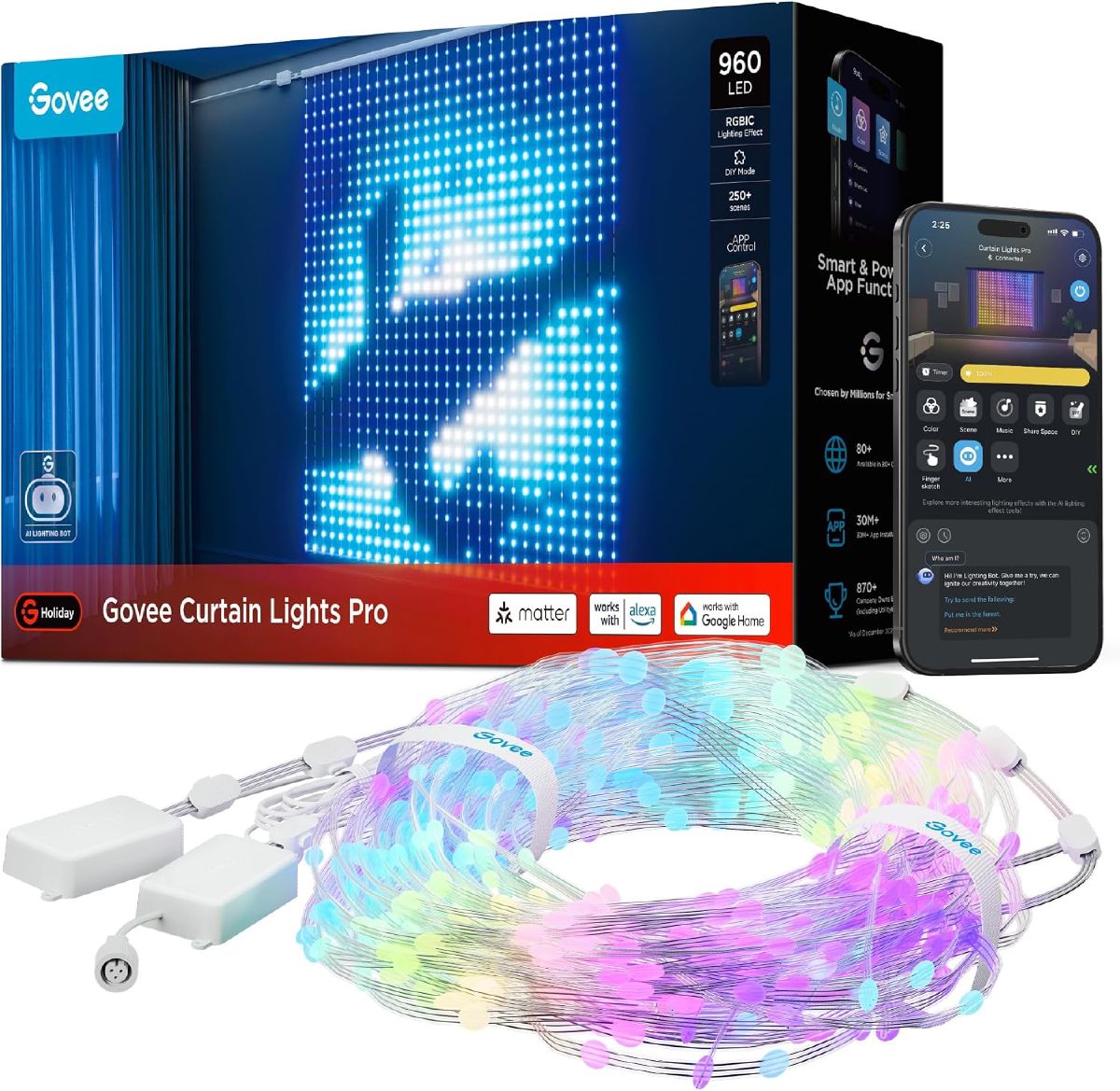 Govee Curtain Lights Pro retail box next to the coiled RGBIC light strings and the companion phone app
