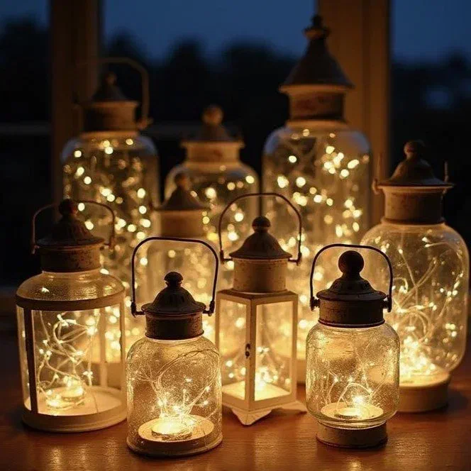 A collection of glowing mason jars filled with fairy lights, perfect for rustic and boho bedroom decor.