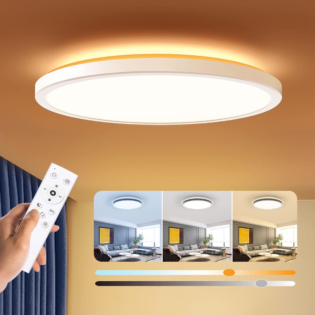 BLNAN round flat LED ceiling light with a remote control and adjustable color temperature.