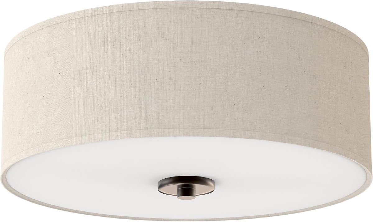 Progress Lighting Inspire two-light flush mount with an off-white drum shade and antique bronze finish.