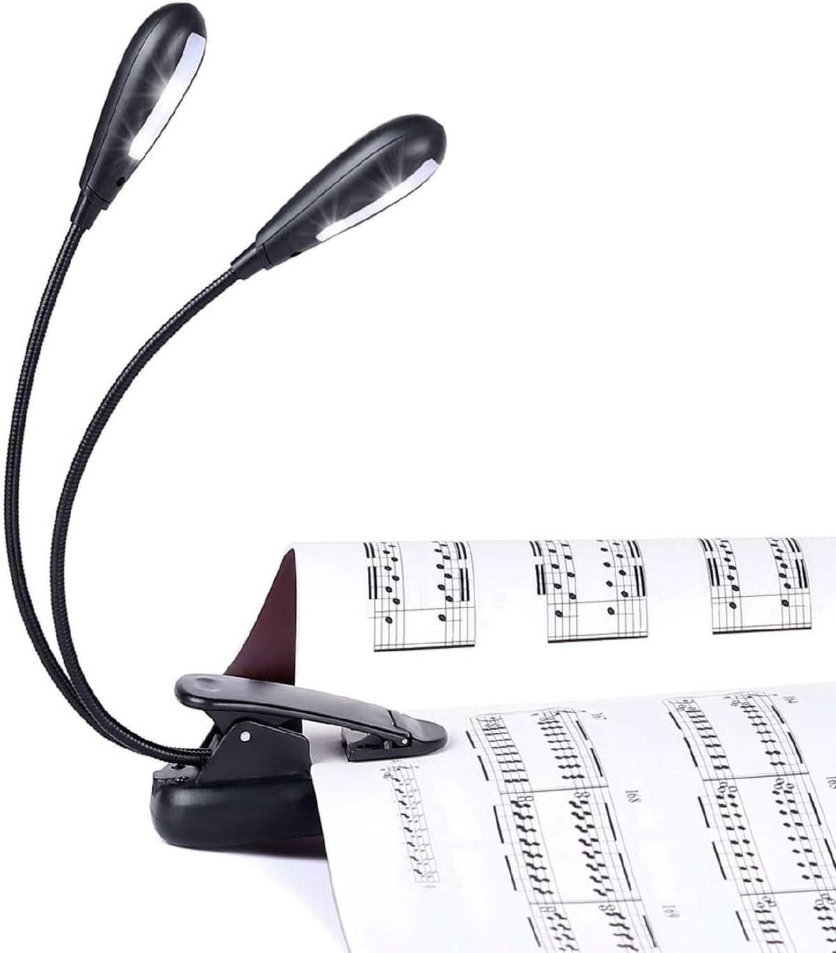 Dual-arm clip-on book light with two flexible heads for soft, even illumination on both pages