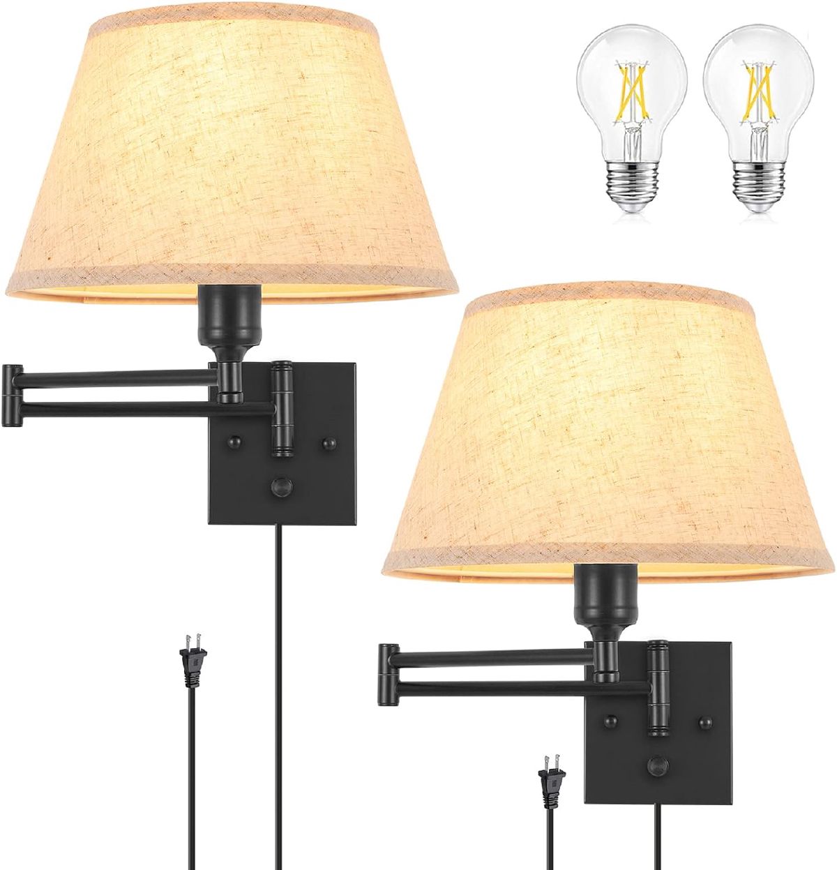 TRLIFE dimmable swing arm wall sconces with beige linen shades mounted beside bed for bedside reading light