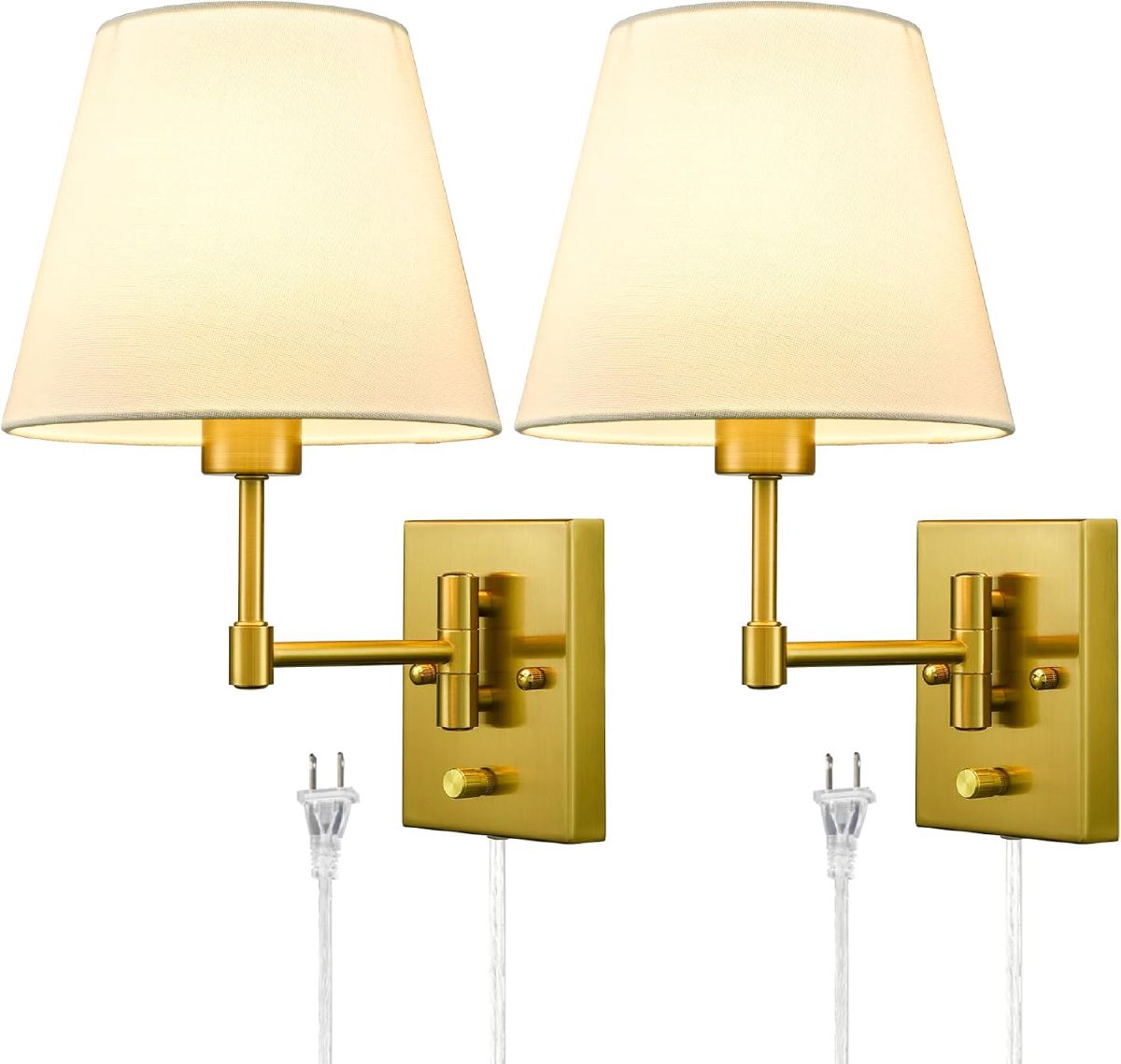 SAMTEEN gold swing arm wall lamp with beige linen shade and adjustable arms for bedside reading