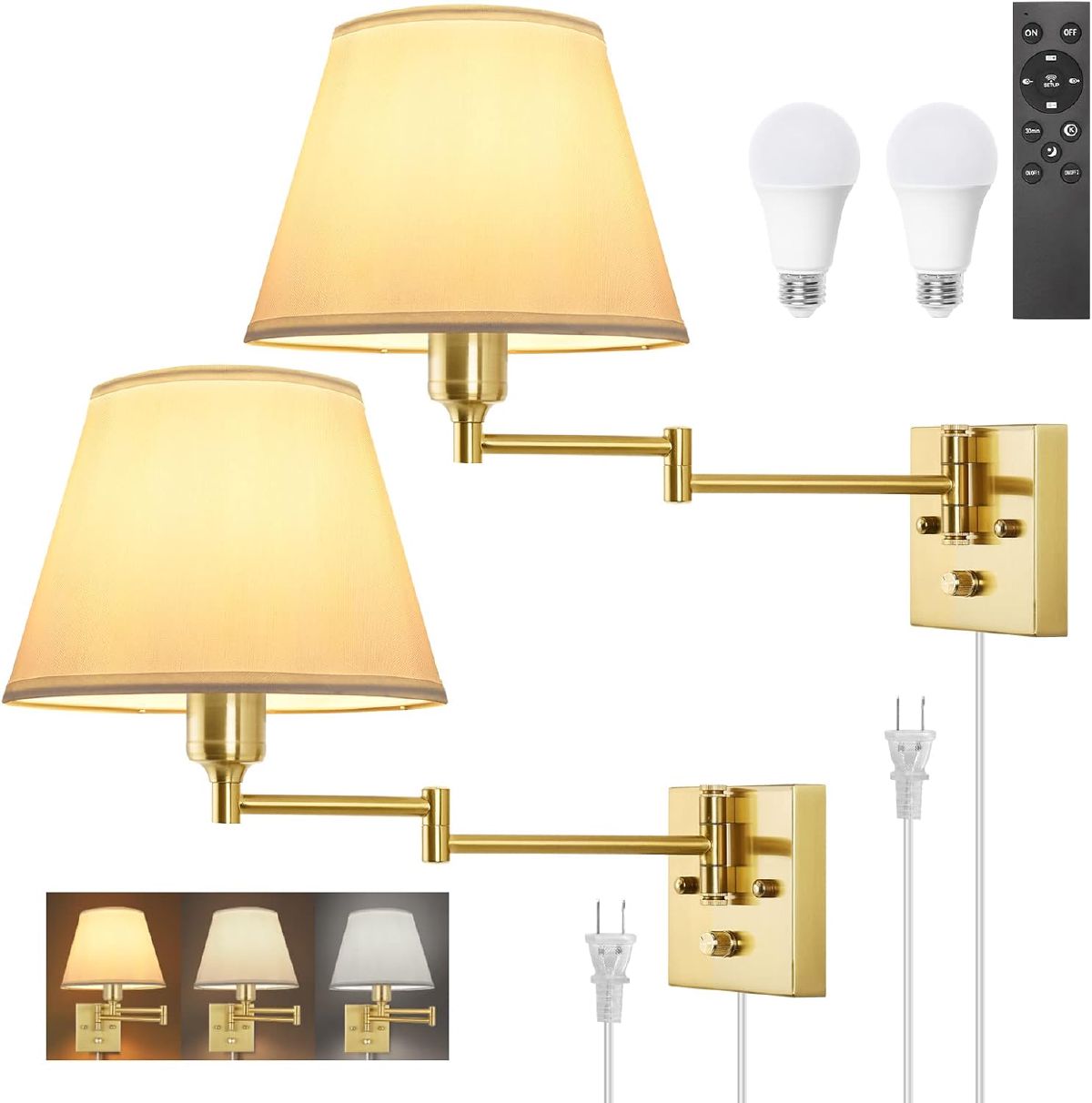 Plug in wall sconces with remote control featuring adjustable color temperature and dimming for bedroom