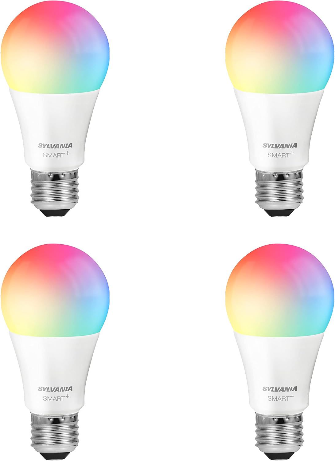 SYLVANIA Wifi LED smart bulb four-pack showing the color range on the packaging