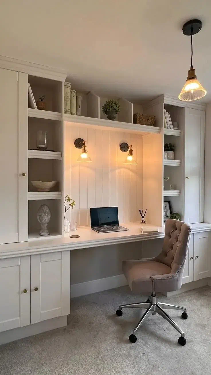 Warm ceiling lighting ideas for a home office, showing how to use different light fixtures.