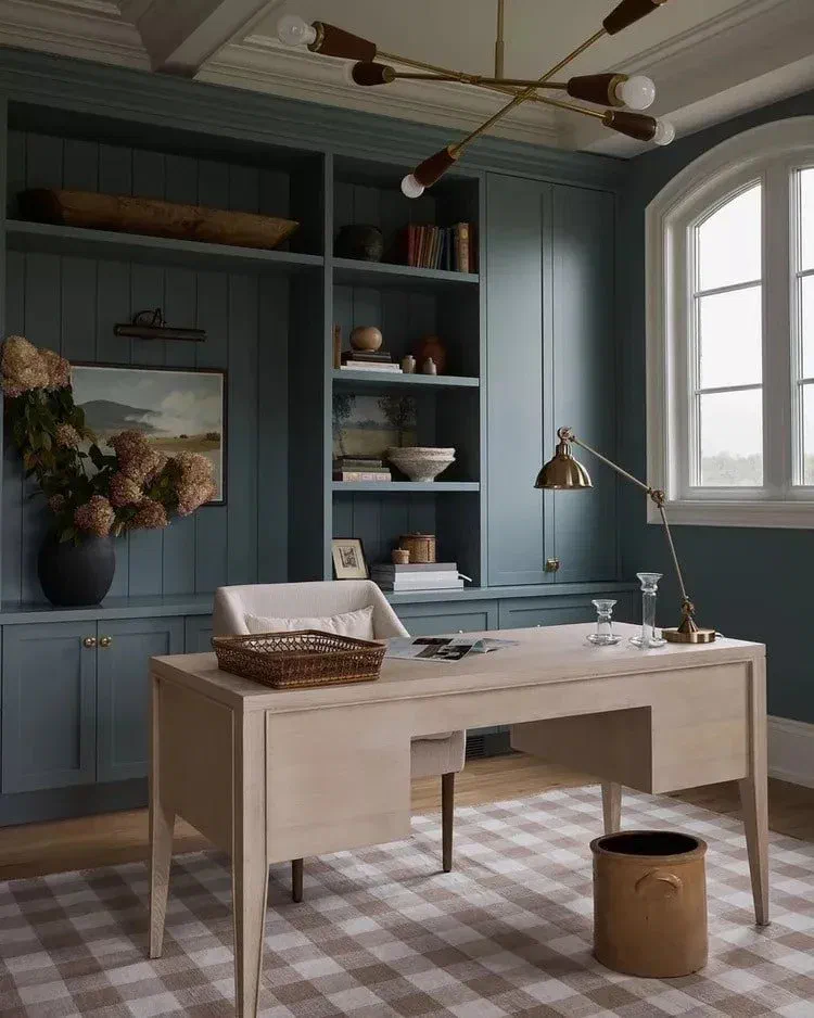 Home office desk positioned beside a large arched window with a brass task lamp, illustrating good desk placement for natural light.