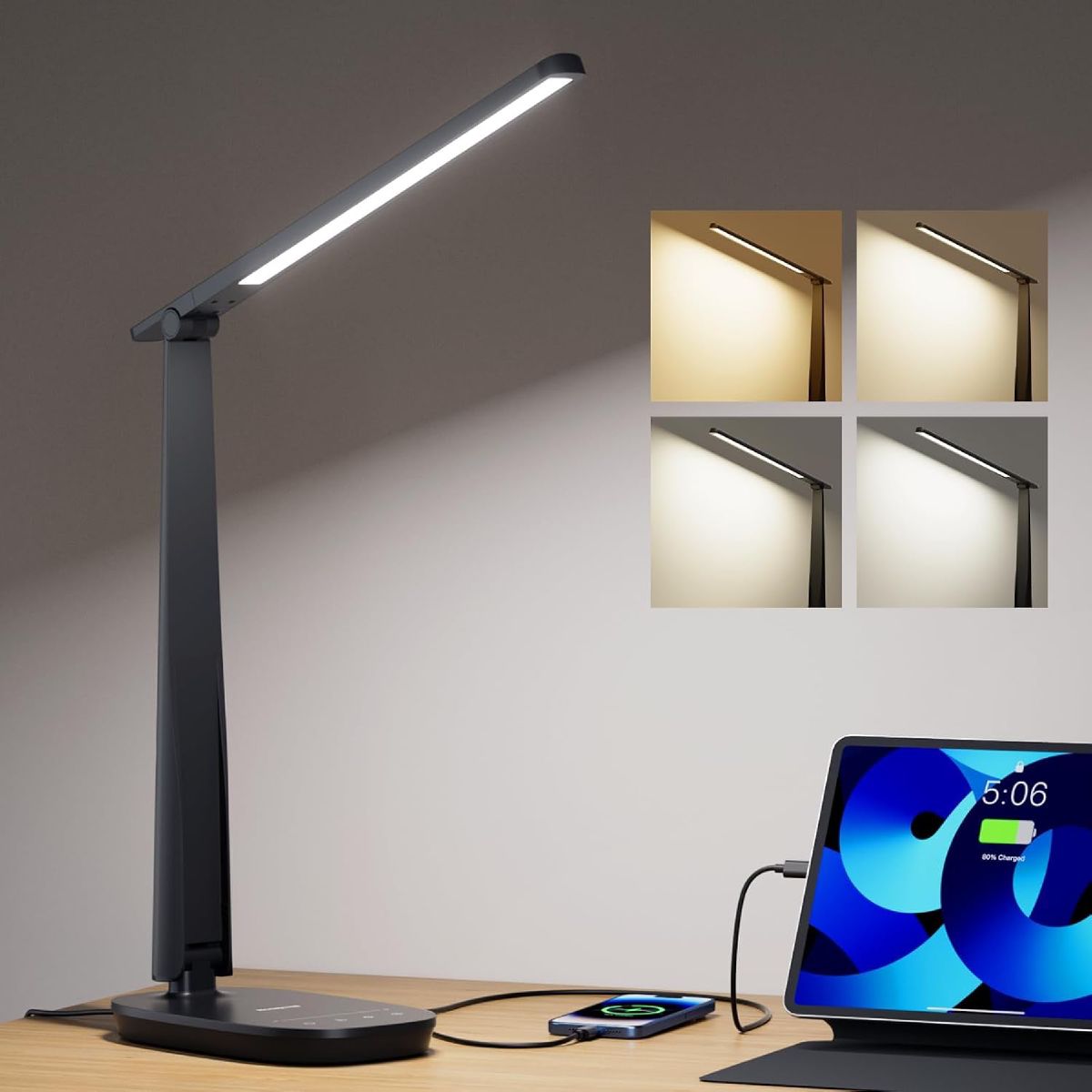 Honeywell LED desk lamp with a foldable arm and touch-control base, clipped onto the edge of a small desk.