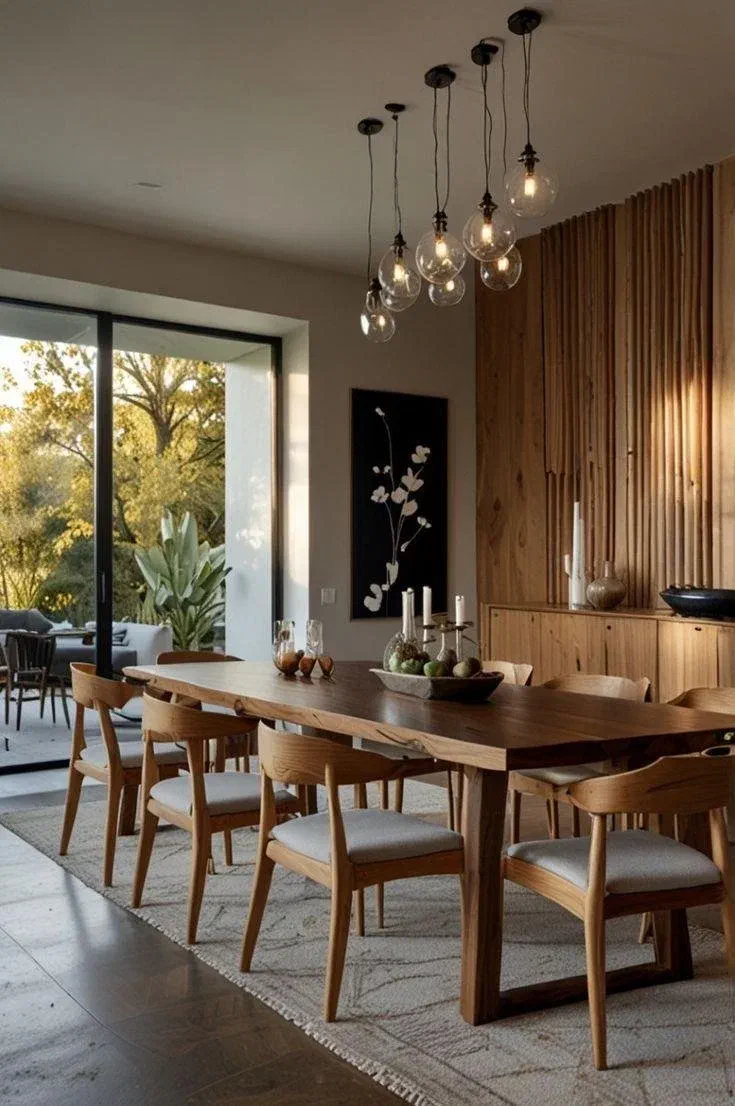 Wood dining table with woven chairs beneath a cluster of glass-globe pendant lights, set against a slatted wood accent wall