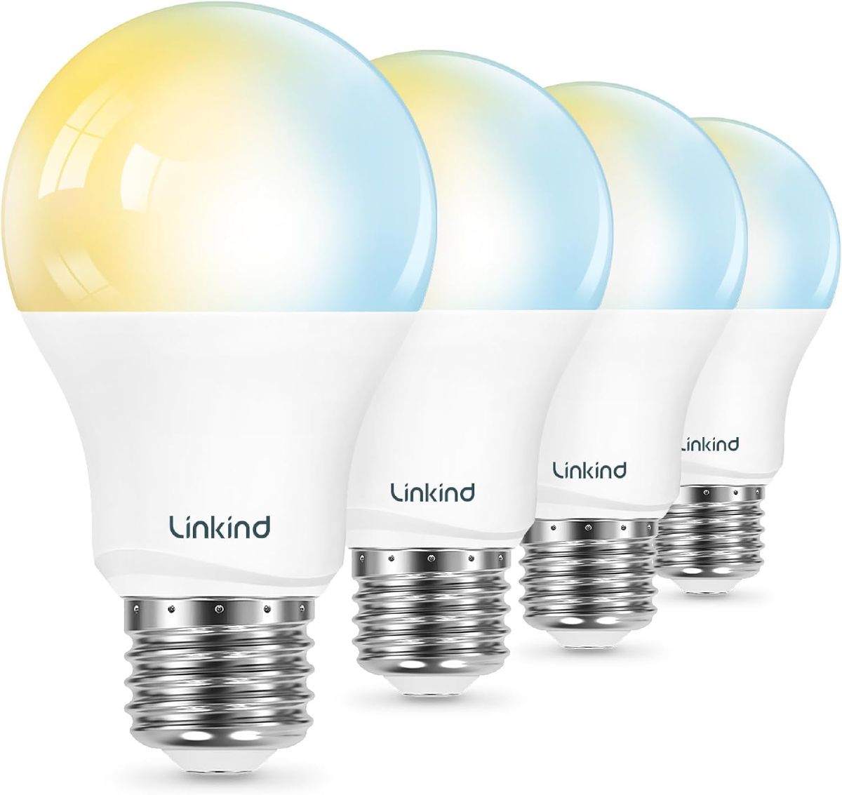 A row of four Linkind tunable-white smart bulbs showing the warm-to-cool color range on their glass.