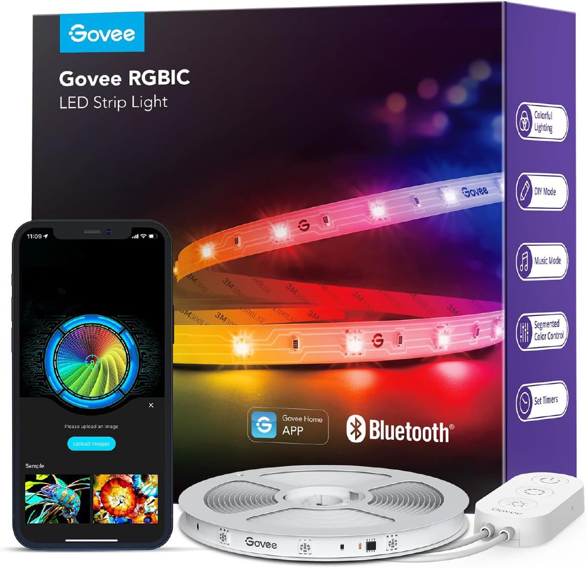 Govee RGBIC LED strip lights coiled next to their retail packaging, used as under-shelf accent lighting.
